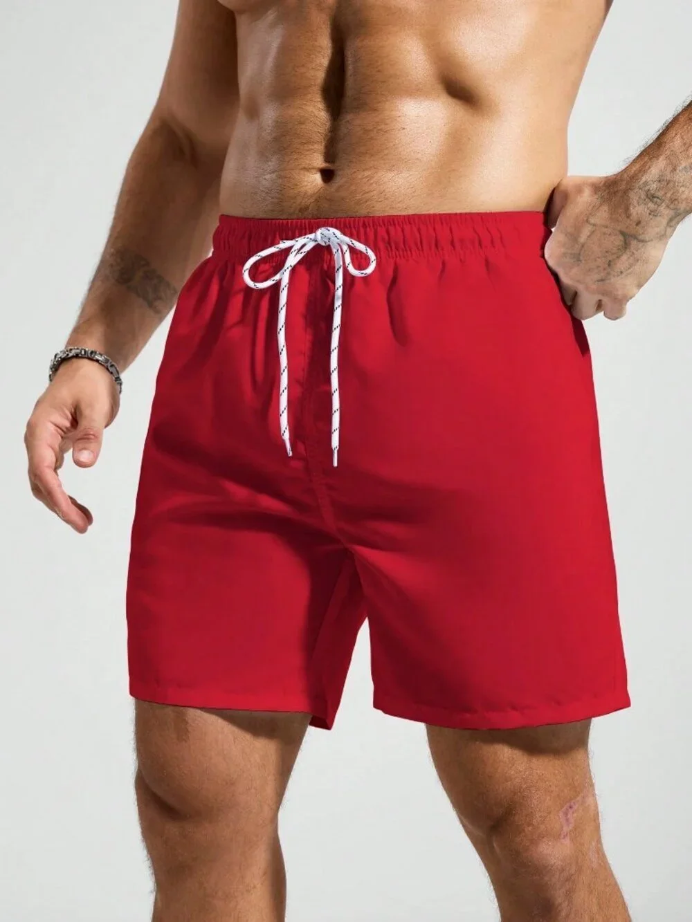 Red Sports Men's Elastic Waist Drawstring Pocket Beach Shorts